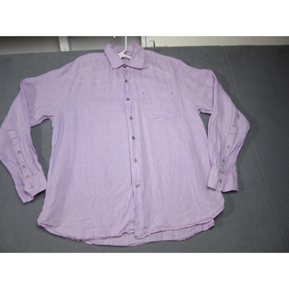EQ Shirt Mens XL Purple Linen Integrity Every Garment Embroidered Logo Button Up